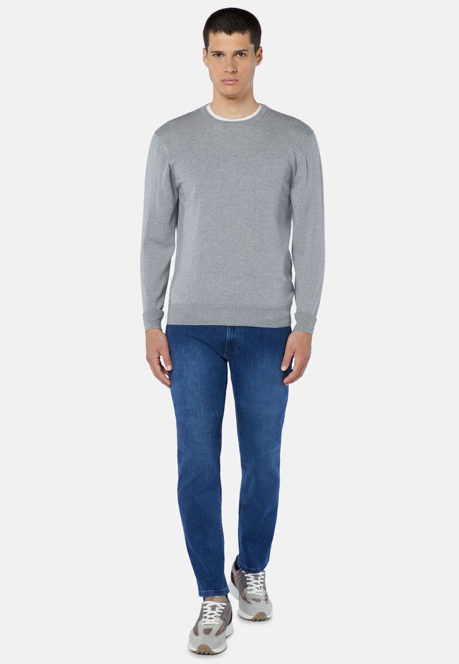 Grey Merino Wool Round-neck Pullover, Grey, hi-res