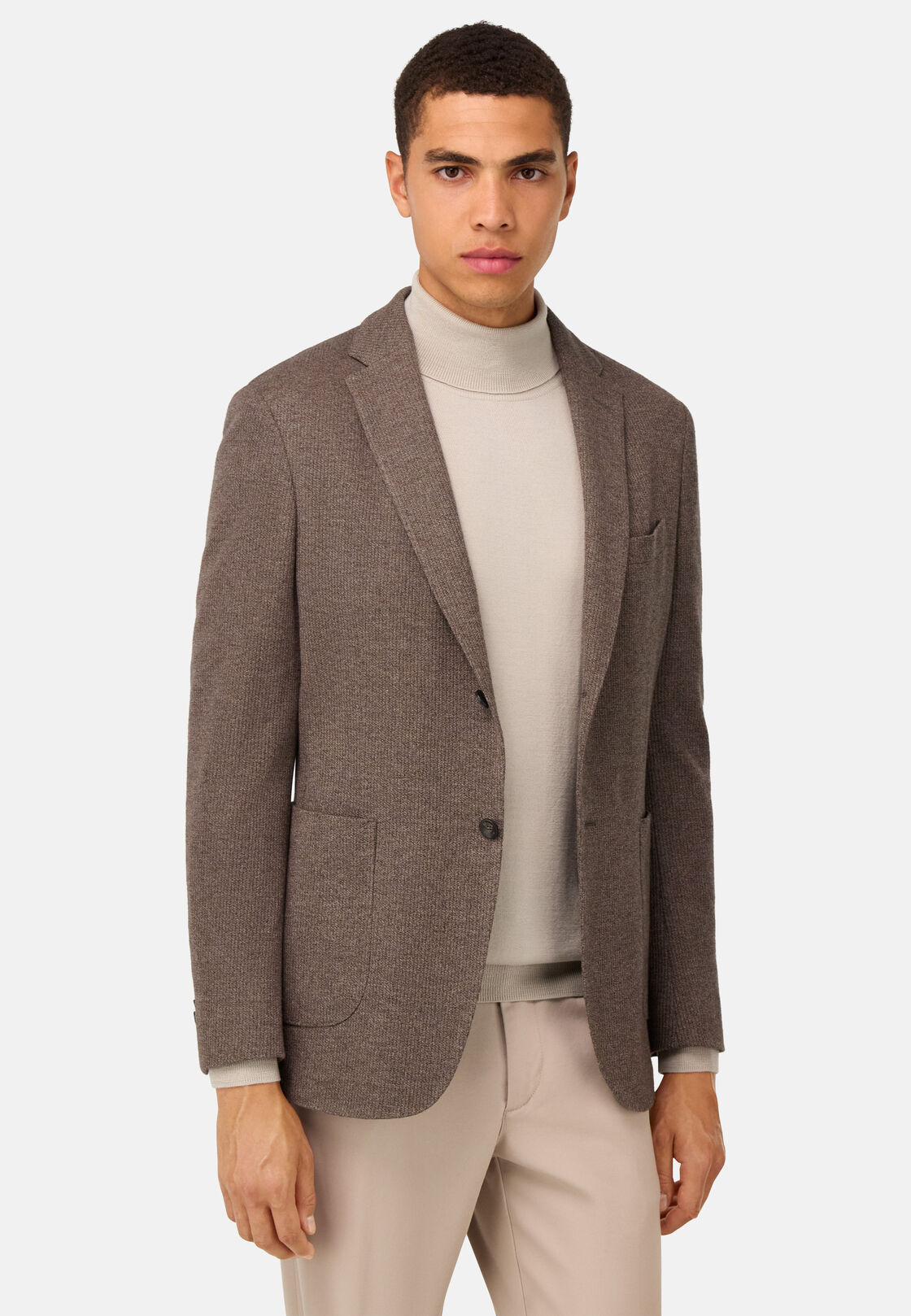 B Jersey Micro Textured Jacket in a Cotton Blend, Brown, hi-res, 2
