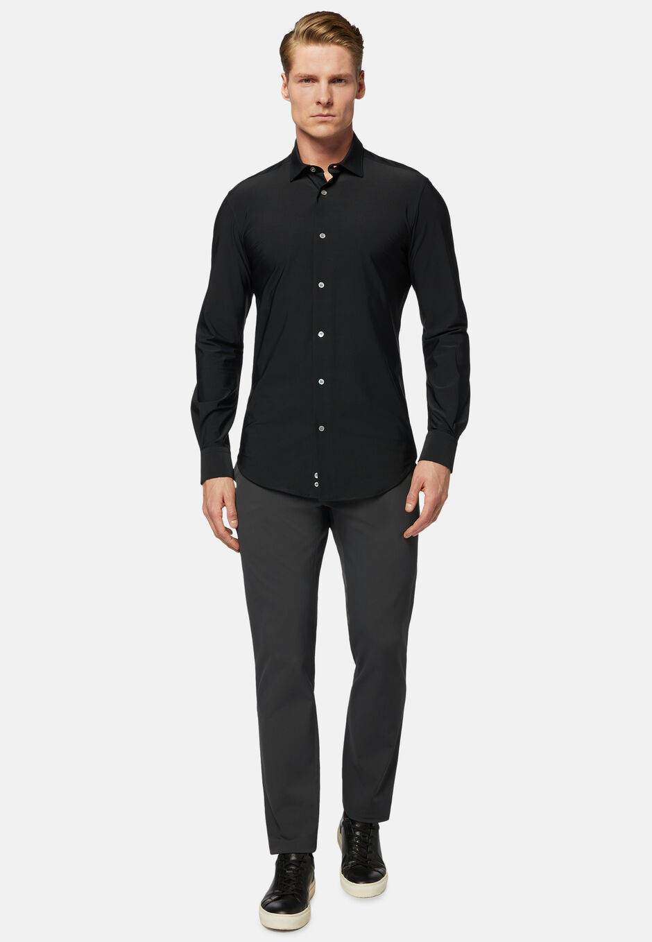 Black Stretch Nylon Slim Fit Shirt, Black, hi-res