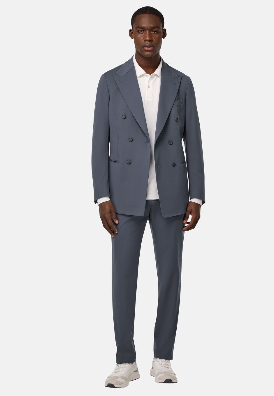 B Tech Double-Breasted Jacket in Stretch Nylon, Charcoal, hi-res