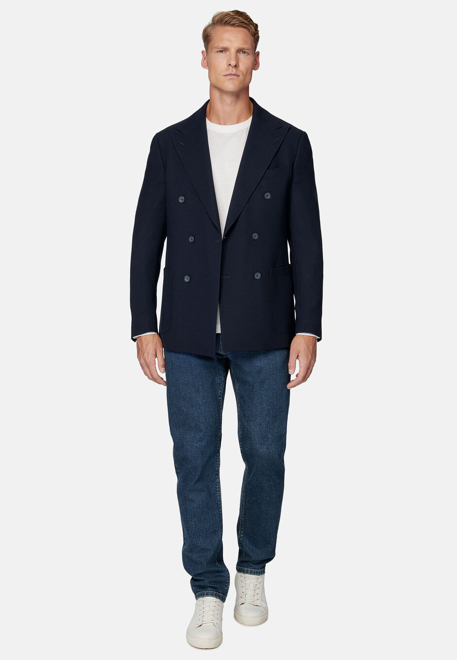 Jacket In Pure Wool Crepe, Navy blue, hi-res