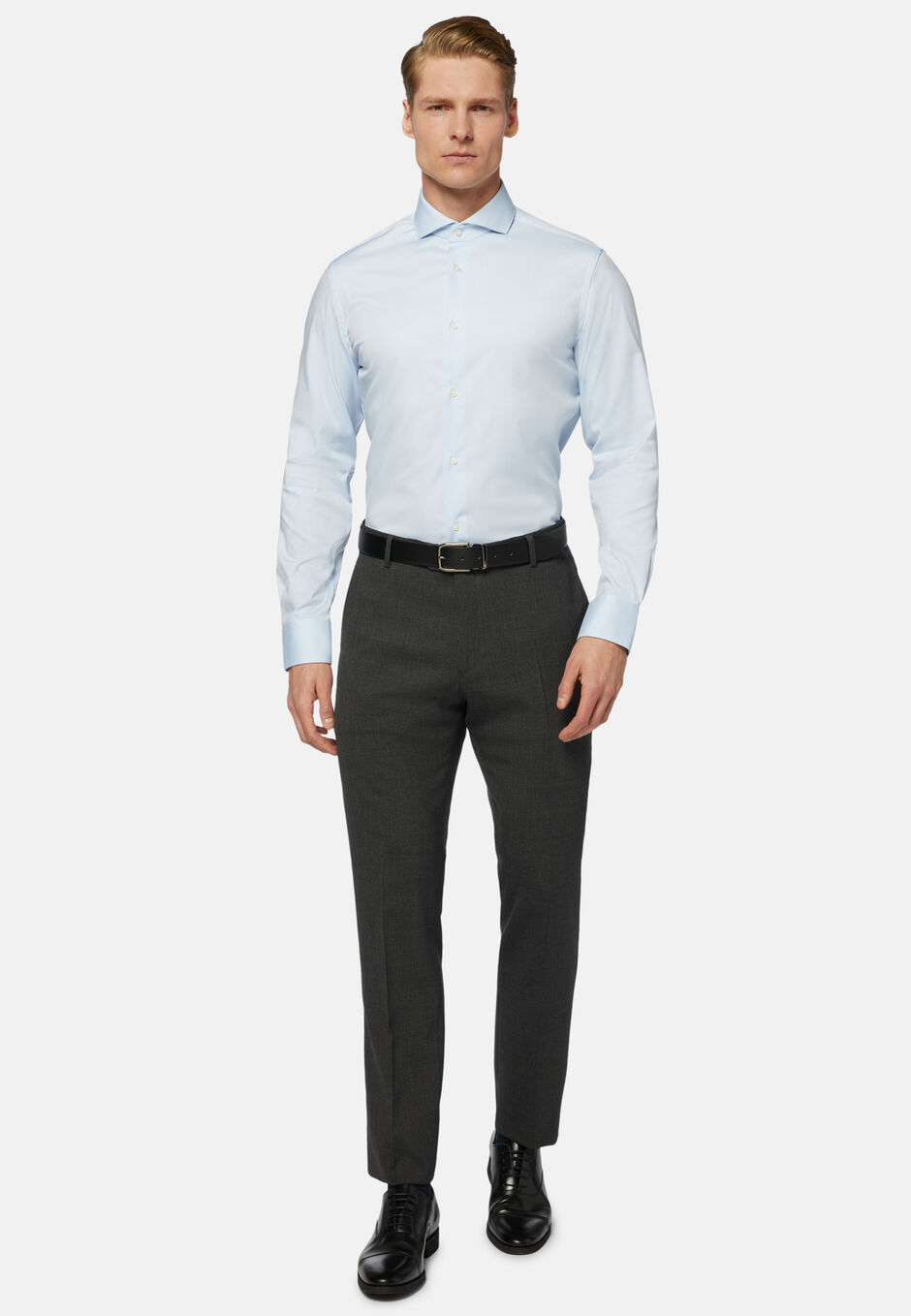 Blue pin point cotton slim fit shirt, Light blue, hi-res