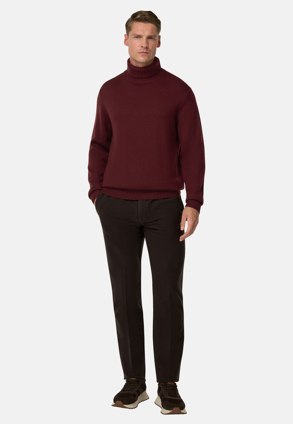 Merino Wool Polo Neck Jumper, Burgundy, hi-res
