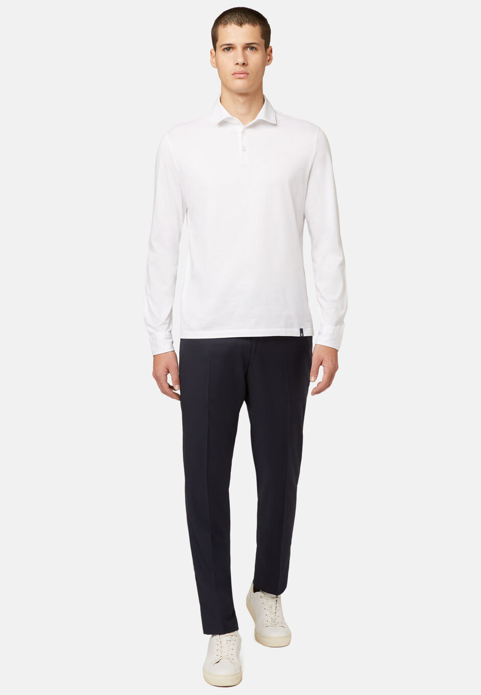 Long Sleeved Regular Fit Polo Shirt In Pima Cotton Jersey, White, hi-res