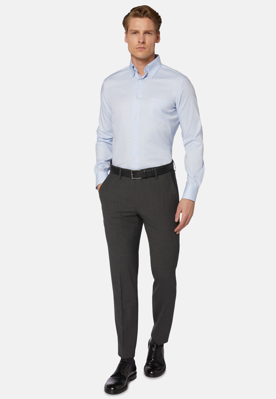 Light blue regular fit cotton pin point shirt, Light blue, hi-res
