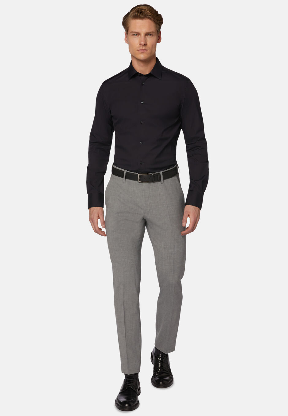 Slim Fit Black Shirt in Stretch Cotton, Navy blue, hi-res